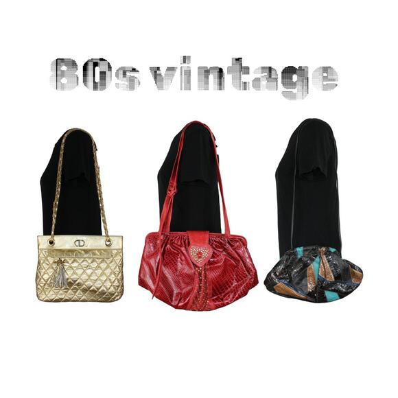 Vintage 80s Bags (3) Gold Quilted Sharif Red Patchwork Leather - Picture 2 of 16